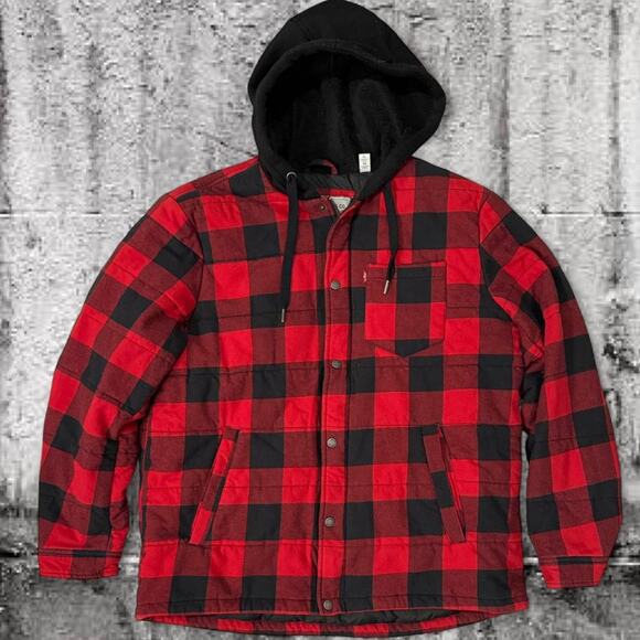 Levi’s Buffalo Plaid Sherpa Lined Hoodie Jacket - Red Black Shacket — XL - Picture 1 of 7